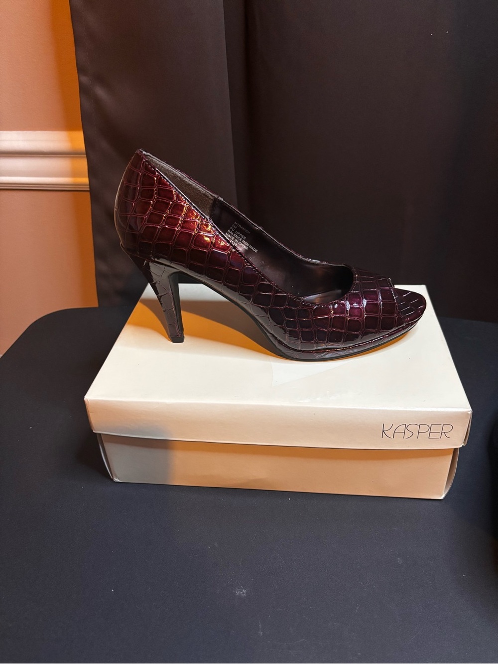Kasper Croc-Embossed Peep-Toe Pumps in Burgundy